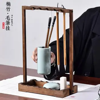 Criativo escova de suspensão porta-caneta, quatro tesouros do estudo, antigo, de madeira maciça e de bambu de suporte da escova