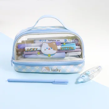 Portátil de grande capacidade de lápis saco kawaii transparente cosméticos saco impermeável caixa de lápis de bonito aluno da escola de artigos de papelaria