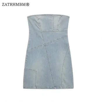 ZATRHMBM Mulheres 2023 Verão de Moda de Nova manta de Retalhos de Jeans, Vestido Vintage sem Alças de Volta Zíper Feminino Vestidos de Vestidos Mujer