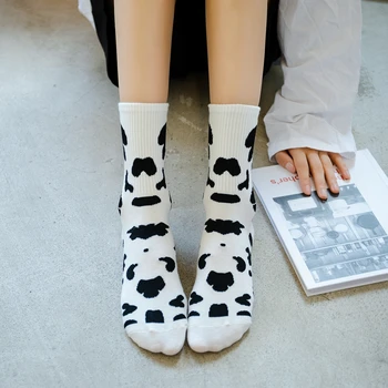 1Pairs meias Listradas Mulheres de meia-Tubo de Meias de ALGODÃO de moda Vaca Bonito Print animal