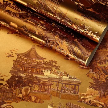 Golden 3D ao Longo do Rio Durante o Festival de Qingming papel de parede PLANO de fundo do restaurante do hotel caixa de retro novo Chinês folha de ouro