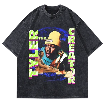 O Hip-Hop E Streetwear Retro Retrato Tshirt Homens Oversize Rapper Gráfico T-Shirt De Algodão Lavado Manga Curta Camiseta Vintage